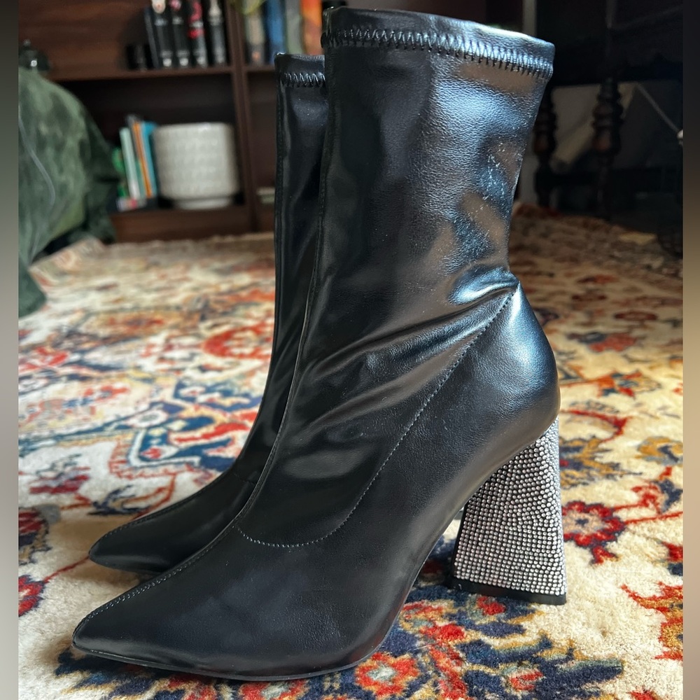 Rhinestone Heal Faux Leather Ankle Boot